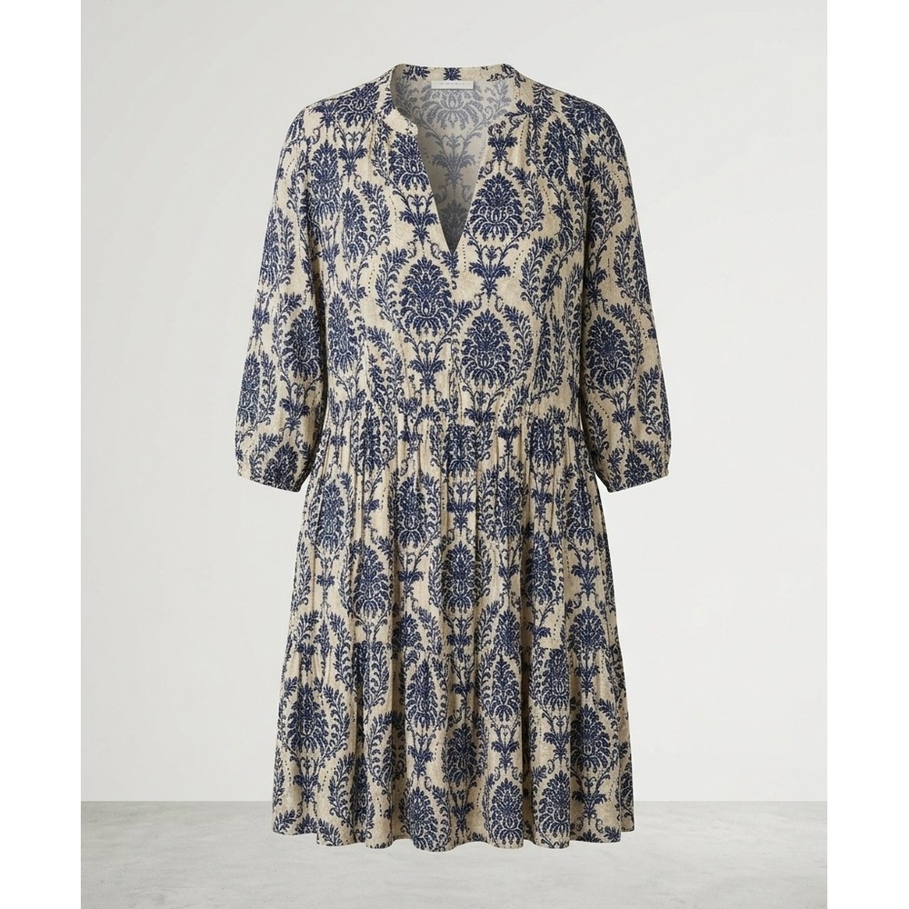 Plus Size Coastal Navy Damask Print Relaxed Tiered Midi Dress Boho